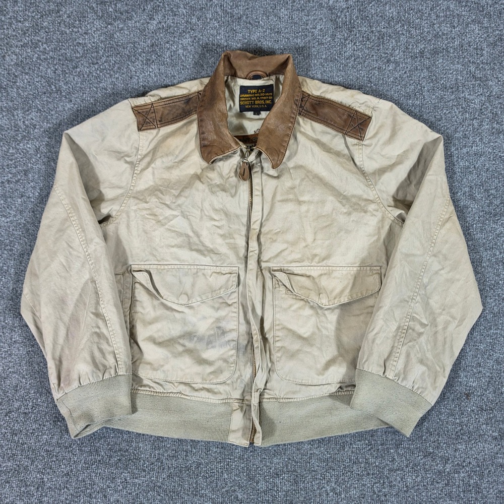 Schott Bros Type A-2 Flight Jacket Mens Large Khaki Cotton Goat Leather L Used